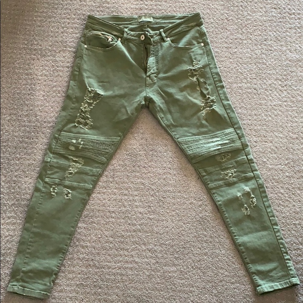 Zara Olive Distressed Biker Jeans